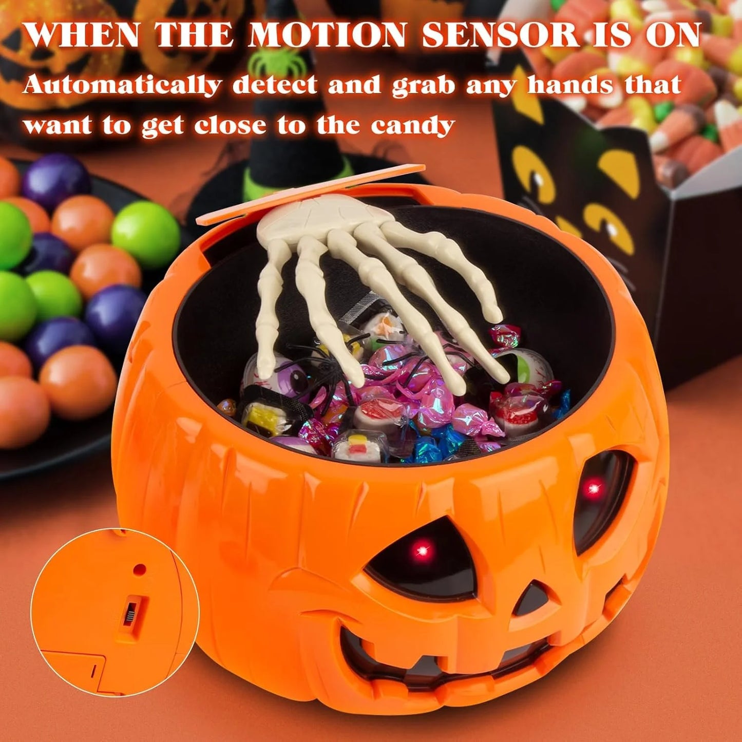 Tazón Animatrónico de Dulces de Halloween – Calabaza con Mano de Esqueleto y Sonido Terrorífico