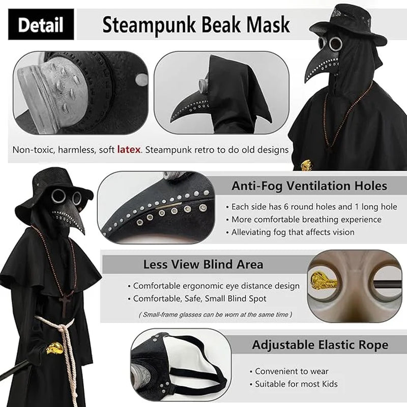 Disfraz Infantil de Doctor de la Peste – Traje Completo con Máscara y Capa Negra, Ideal para Halloween y Cosplay