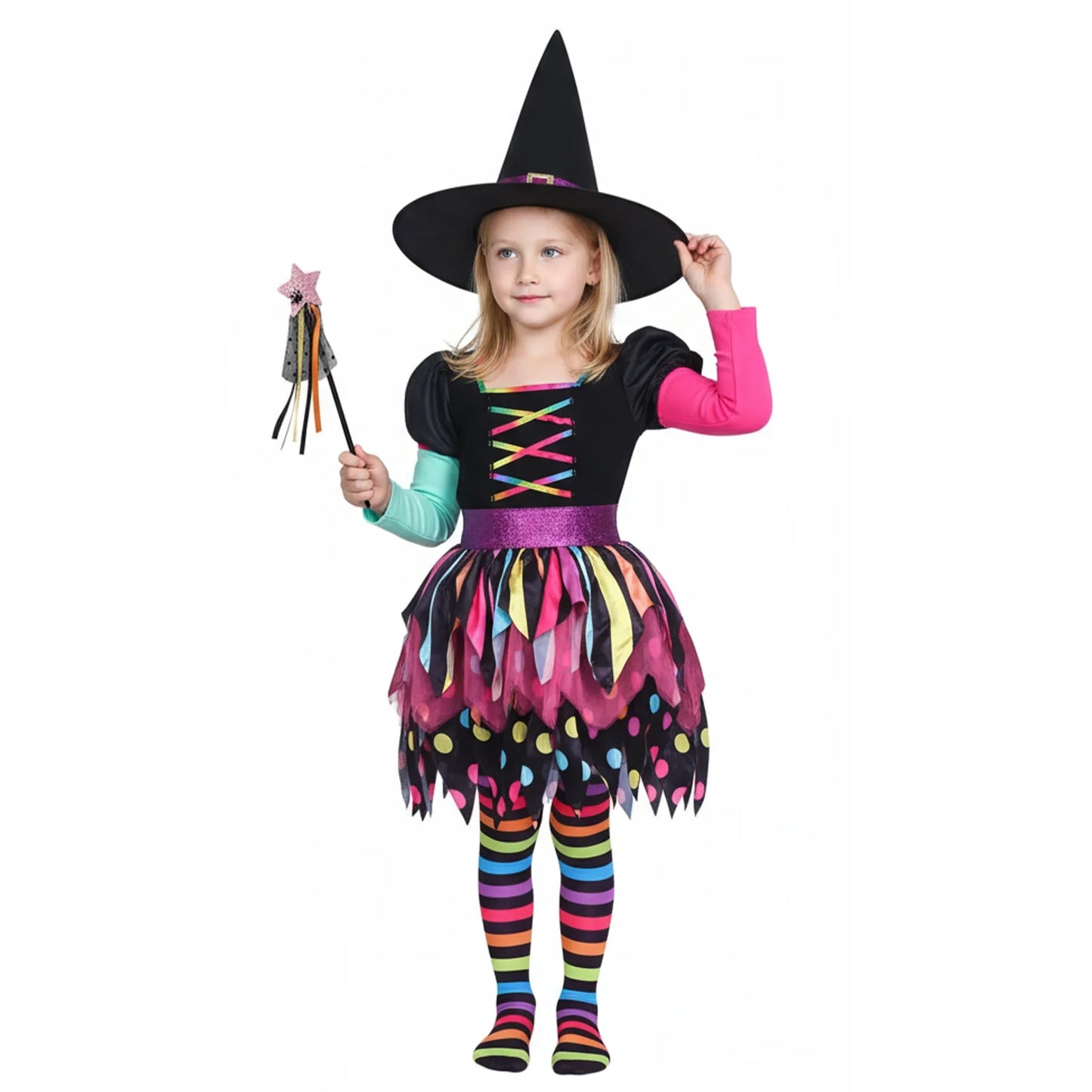 Disfraz de Brujita Arcoíris para Niñas – Traje Colorido de Halloween con Sombrero | Casa del Miedo Kids