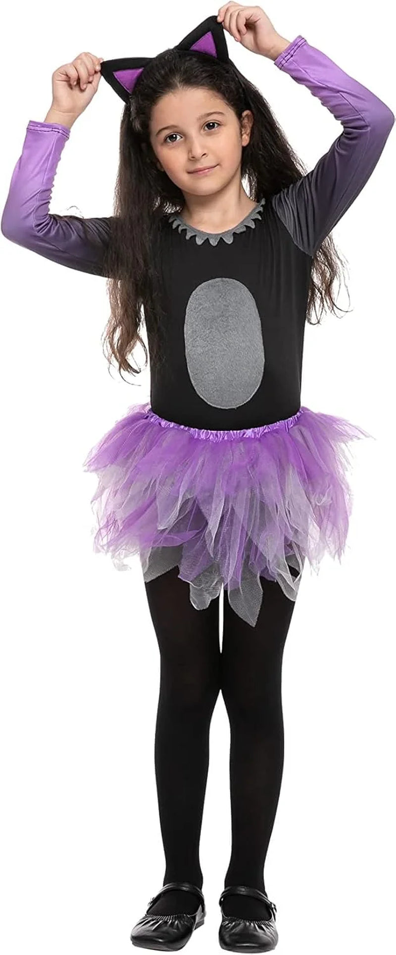 Disfraz Infantil de Gatita con Tutú – Traje Adorable de Halloween para Niñas (Orejas y Falda Morada)
