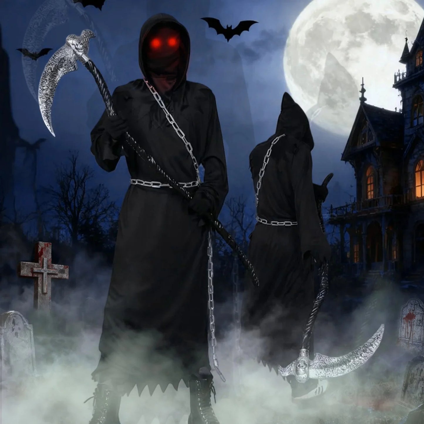 Disfraz del Segador Grim Reaper Infantil – Túnica Negra con Ojos Rojos y Guadaña