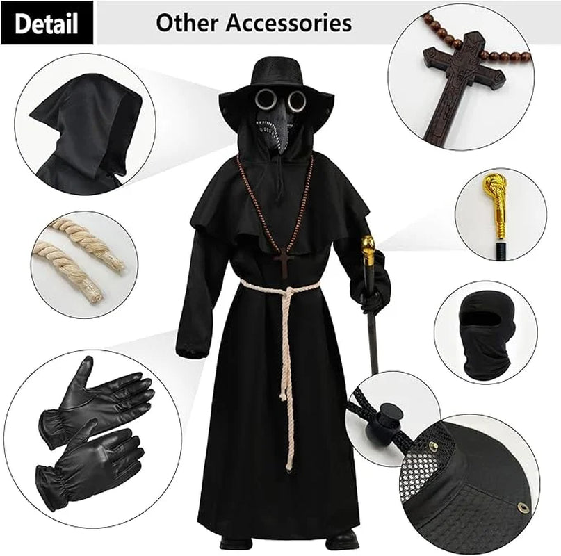 Disfraz Infantil de Doctor de la Peste – Traje Completo con Máscara y Capa Negra, Ideal para Halloween y Cosplay