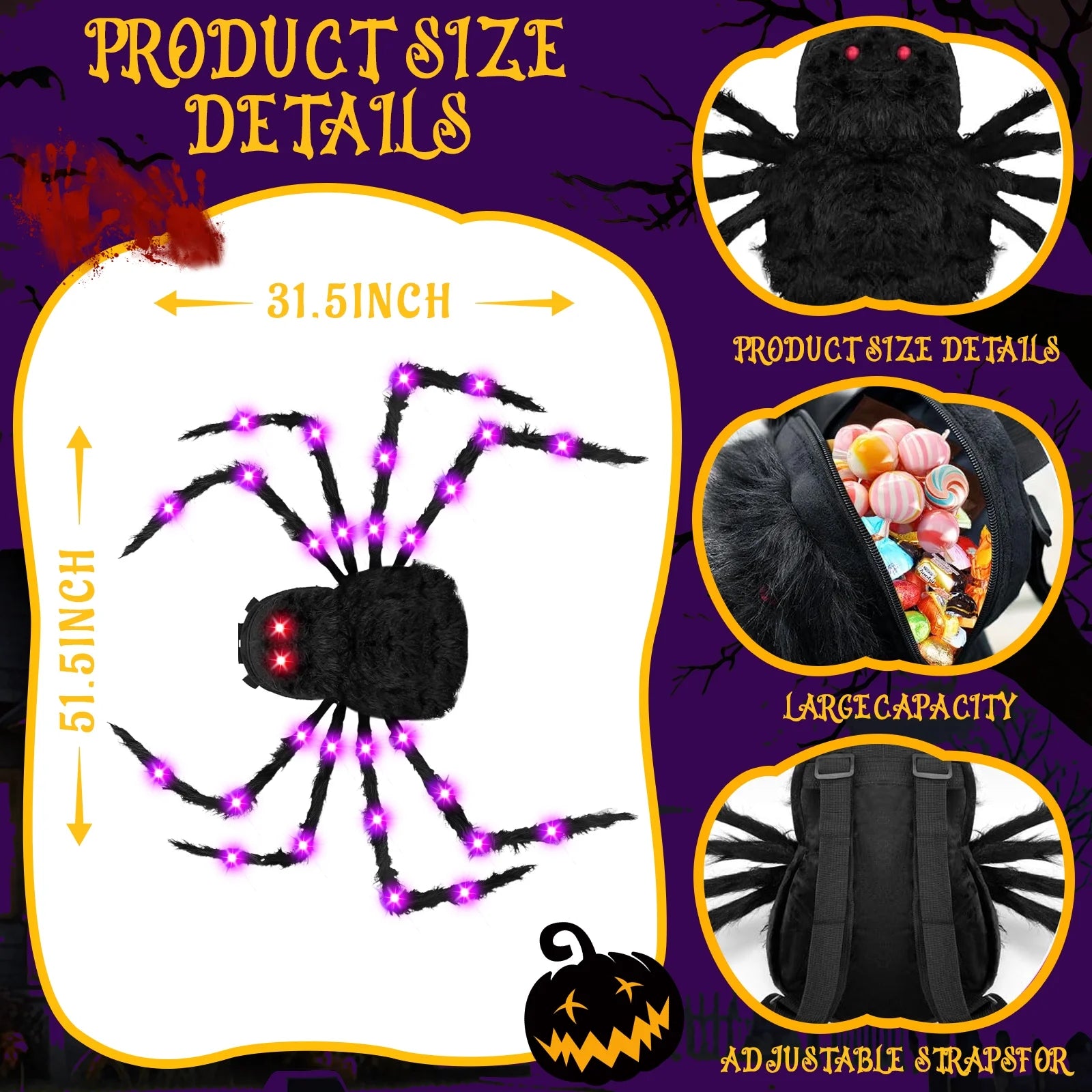 Disfraz de Araña Gigante con Luces LED – Halloween para Niños y Adultos