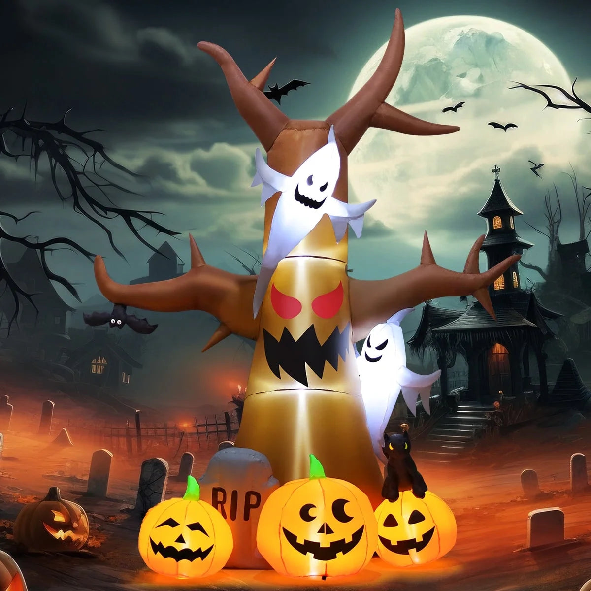 Árbol Inflable de Halloween 11.8FT con Fantasmas y Calabazas – Decoración con Luces LED