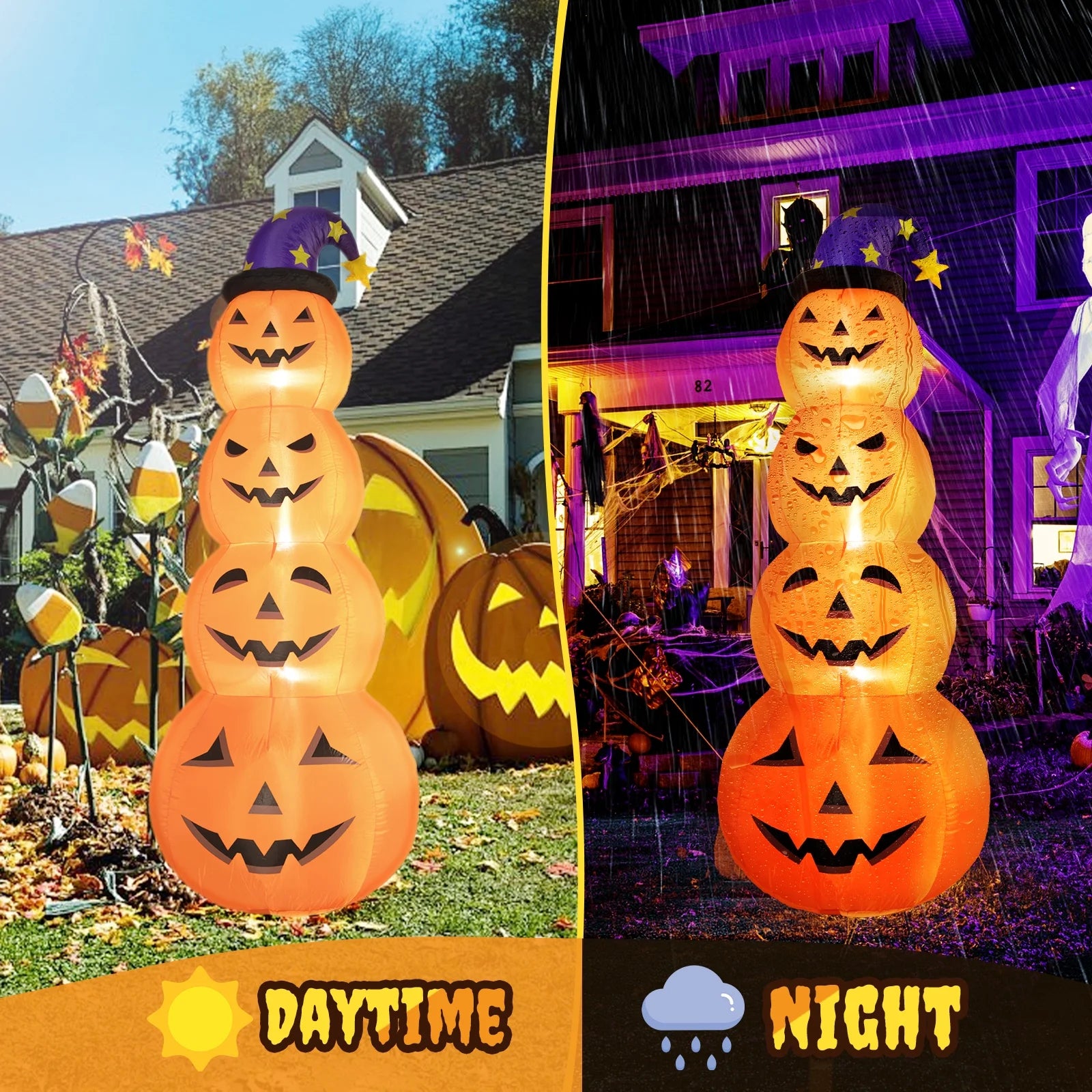 Inflable Halloween 2.4 m – Torre de Calabazas con Sombrero de Bruja y Luces LED