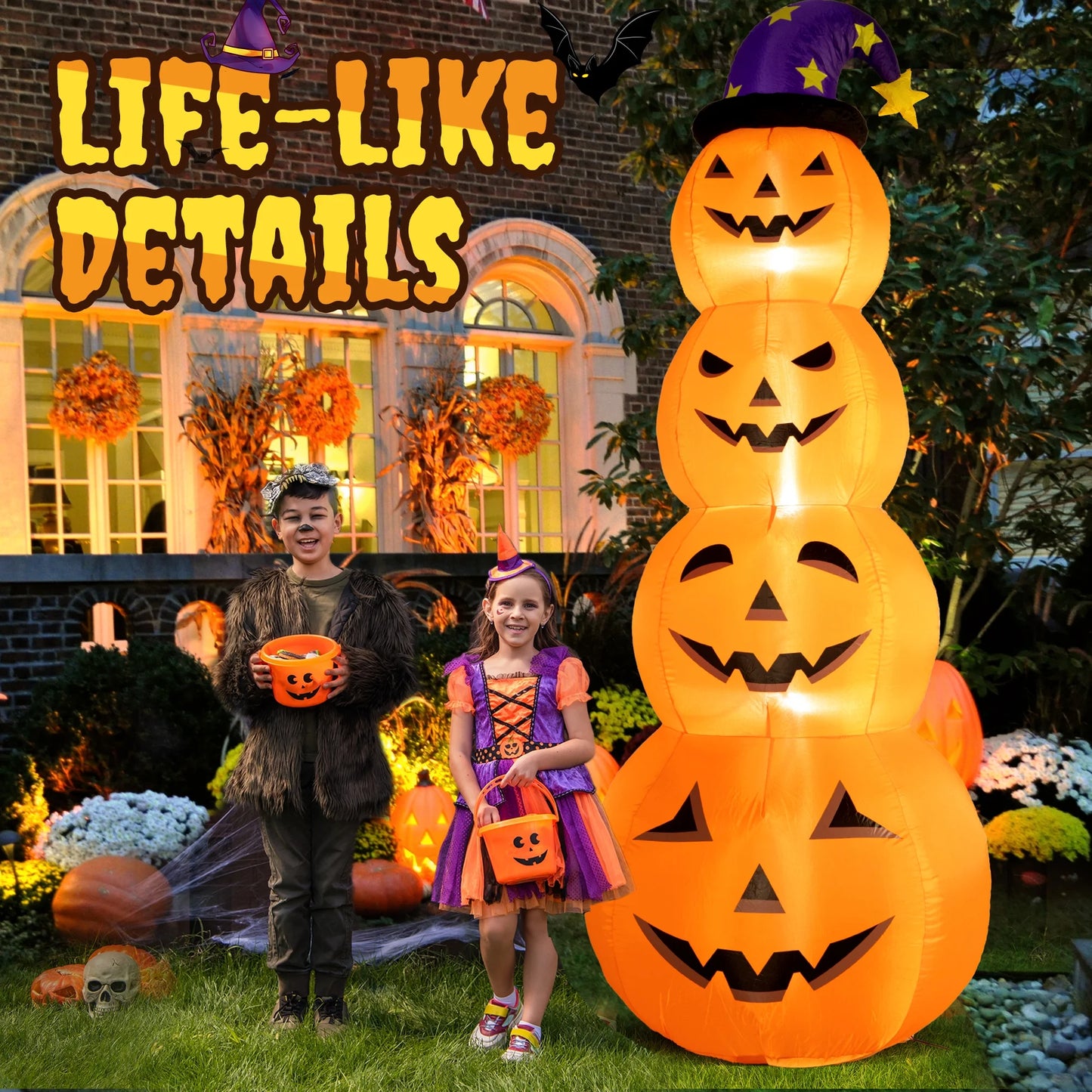 Inflable Halloween 2.4 m – Torre de Calabazas con Sombrero de Bruja y Luces LED