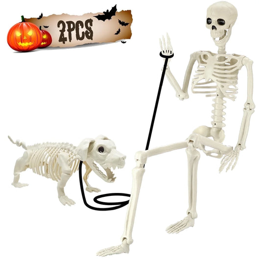 Set de 2 Esqueletos (Humano + Perro) – Decoración de Halloween Realista para Interior y Exterior
