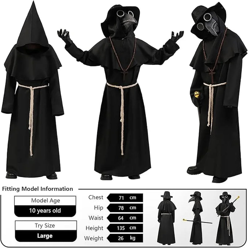 Disfraz Infantil de Doctor de la Peste – Traje Completo con Máscara y Capa Negra, Ideal para Halloween y Cosplay