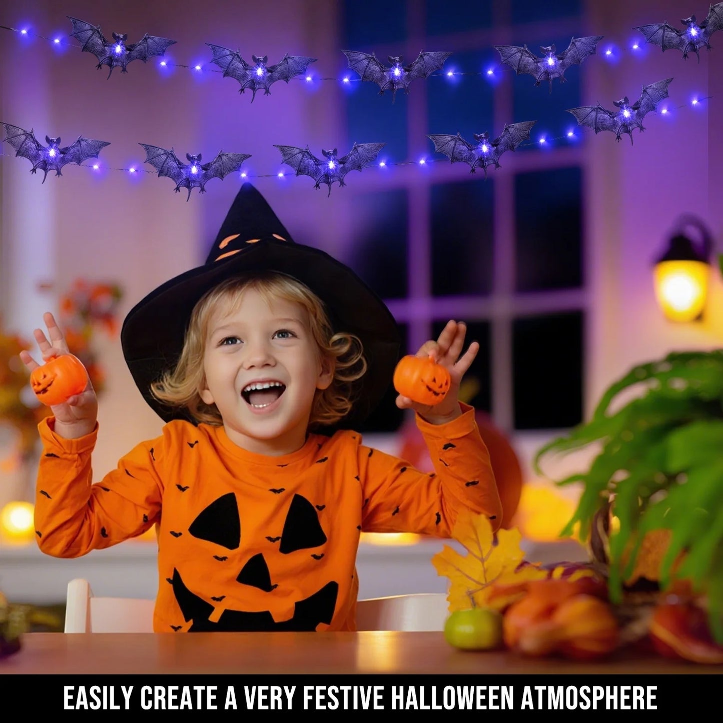 Luces LED de Murciélagos 9.8FT – Decoración de Halloween Interior y Exterior