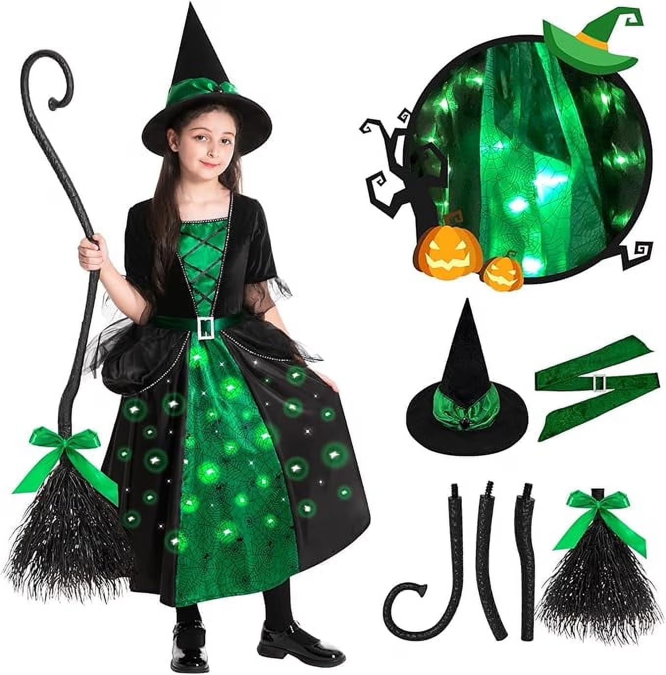 Disfraz de Brujita con Luces LED, Sombrero y Escoba – Halloween para Niñas