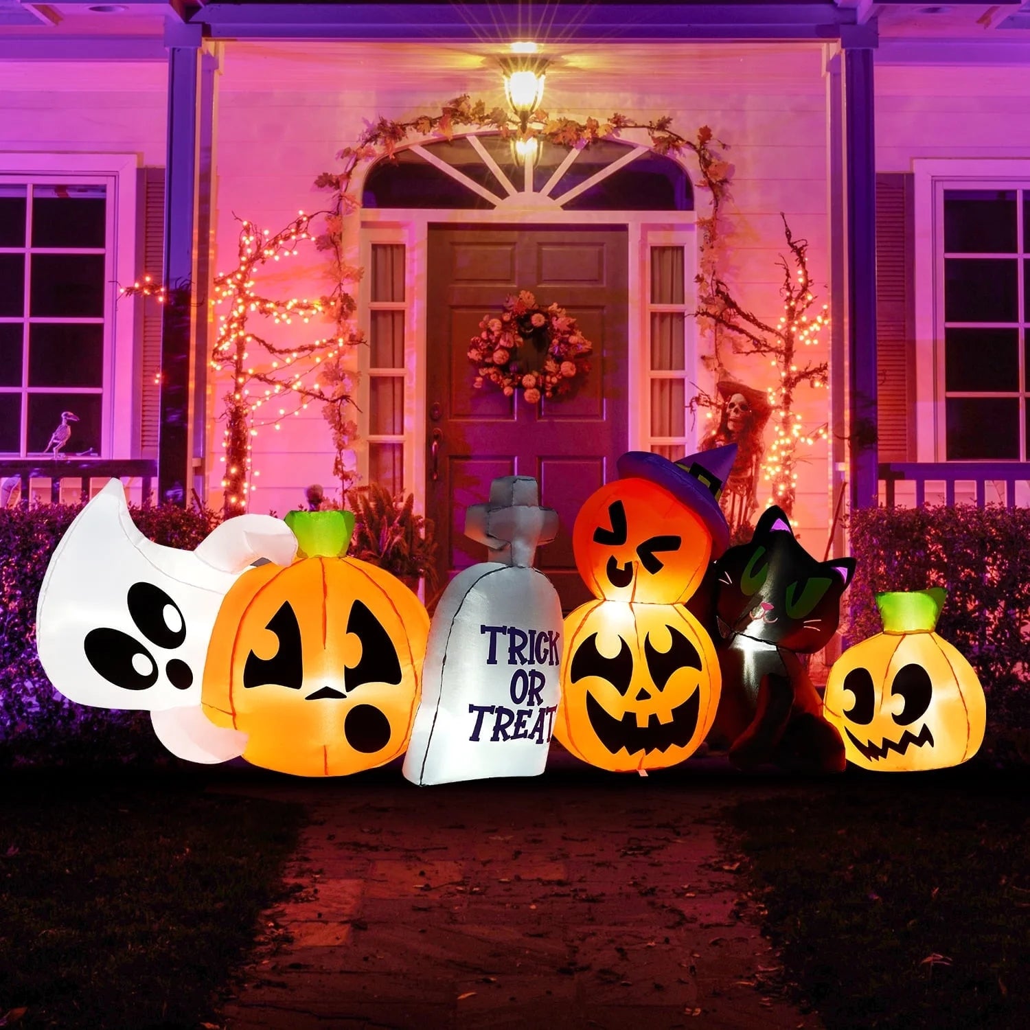 Inflable Halloween de 8 ft – Fantasma, Calabaza y Gato Luminoso con Tumba Decorativa para Exterior