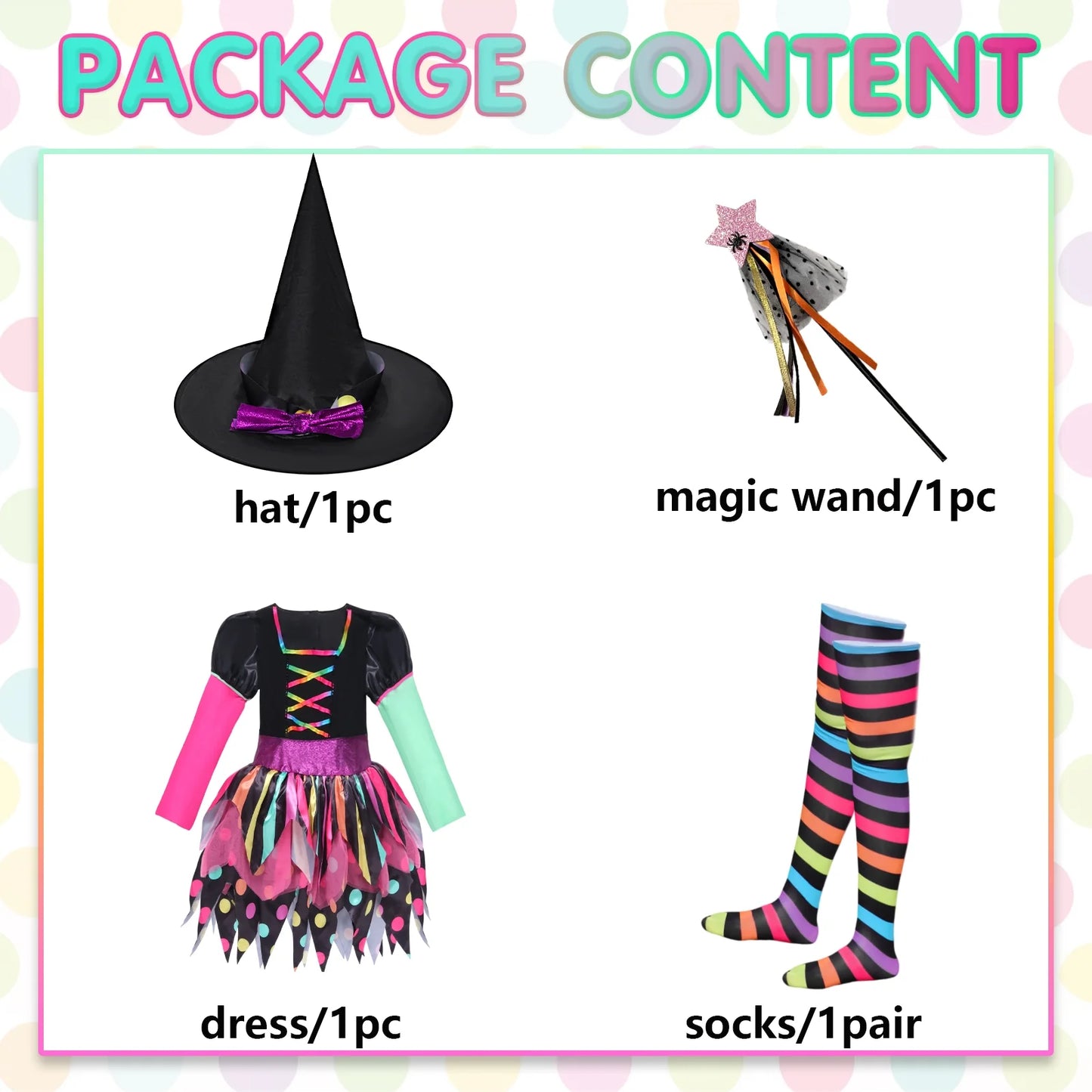 Disfraz de Brujita Arcoíris para Niñas – Traje Colorido de Halloween con Sombrero | Casa del Miedo Kids