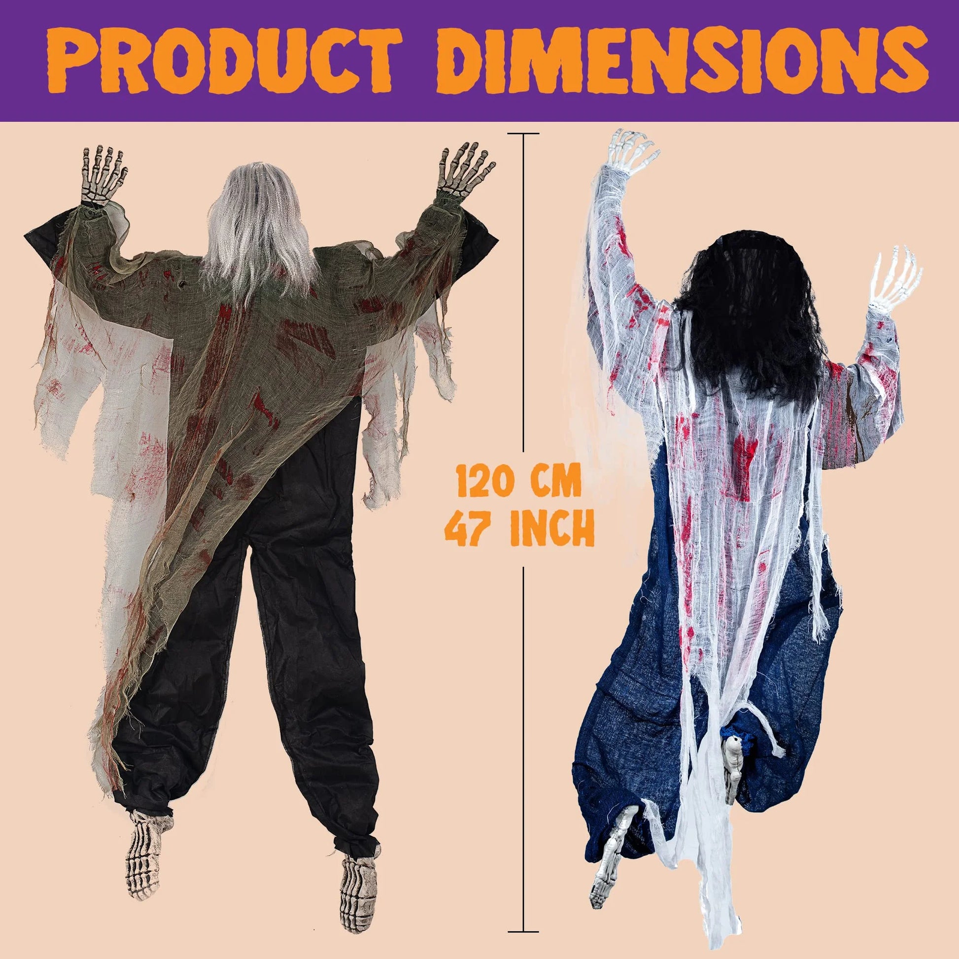 2 Figuras Colgantes de Zombi 47” – Decoración de Halloween con Manchas de Sangre para Interior y Exterior