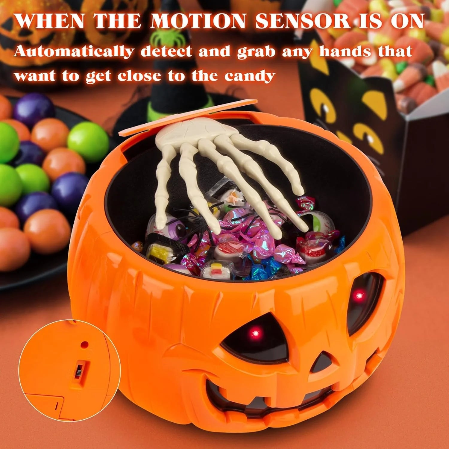 Tazón Animatrónico de Dulces de Halloween – Calabaza con Mano de Esqueleto y Sonido Terrorífico