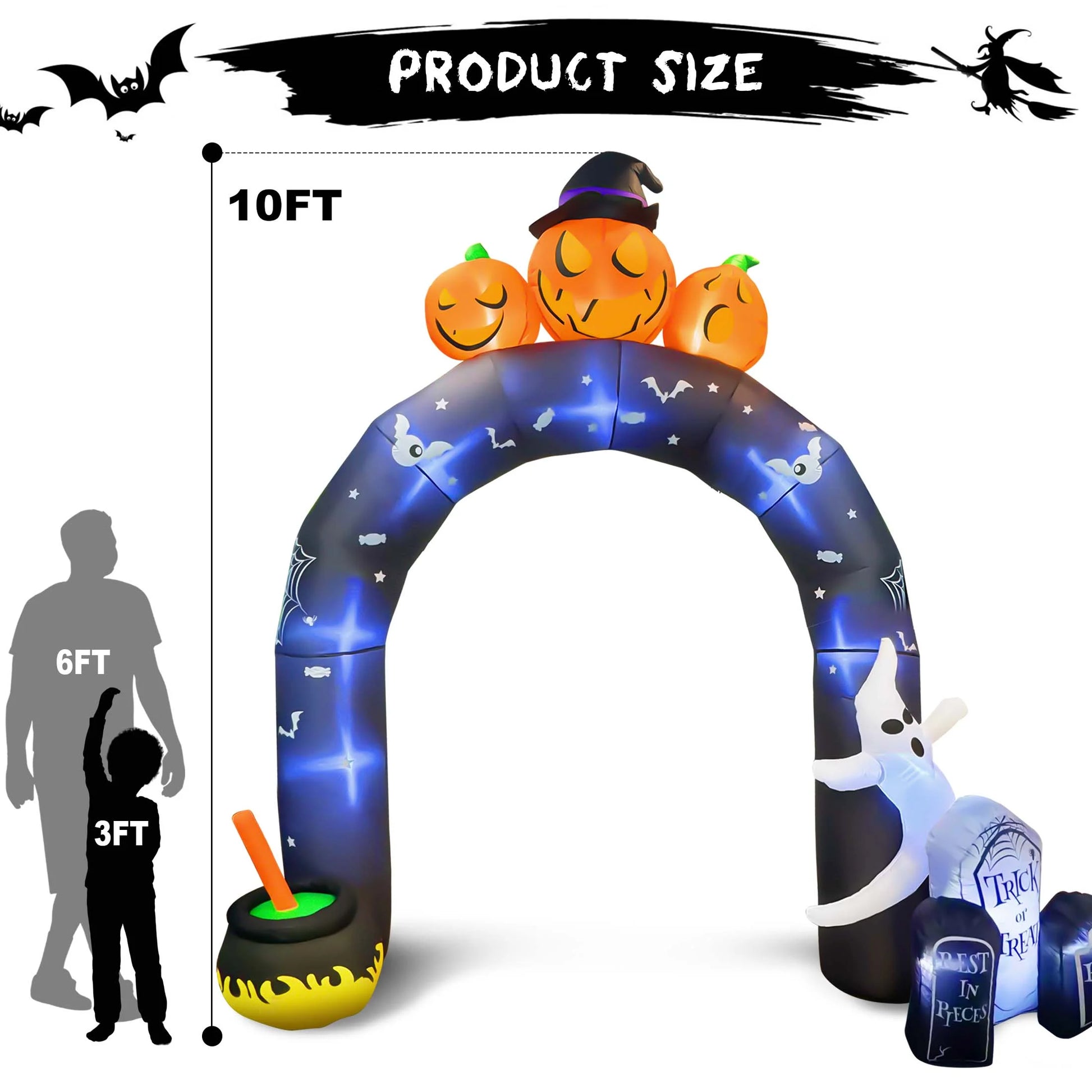 Arco Inflable de Halloween 10 ft – Decoración Gigante para Jardín con Fantasmas y Calabazas Luminosas