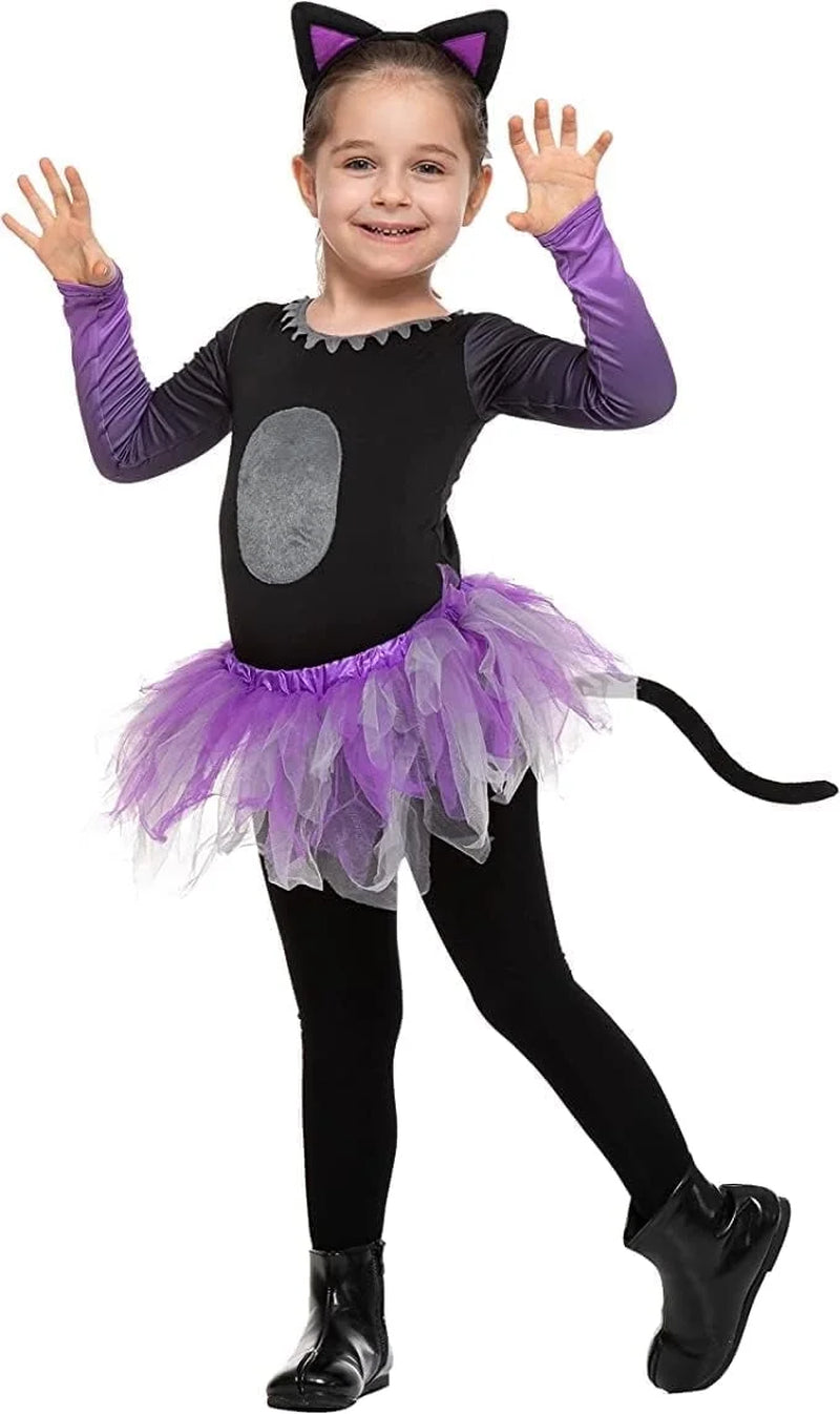 Disfraz Infantil de Gatita con Tutú – Traje Adorable de Halloween para Niñas (Orejas y Falda Morada)