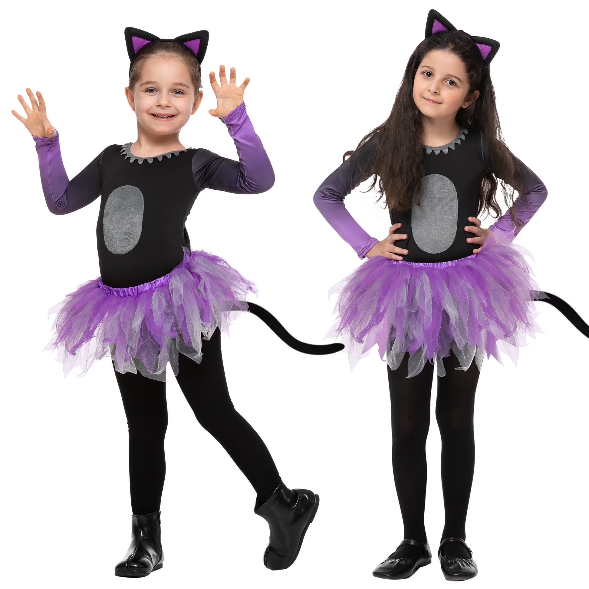 Disfraz Infantil de Gatita con Tutú – Traje Adorable de Halloween para Niñas (Orejas y Falda Morada)