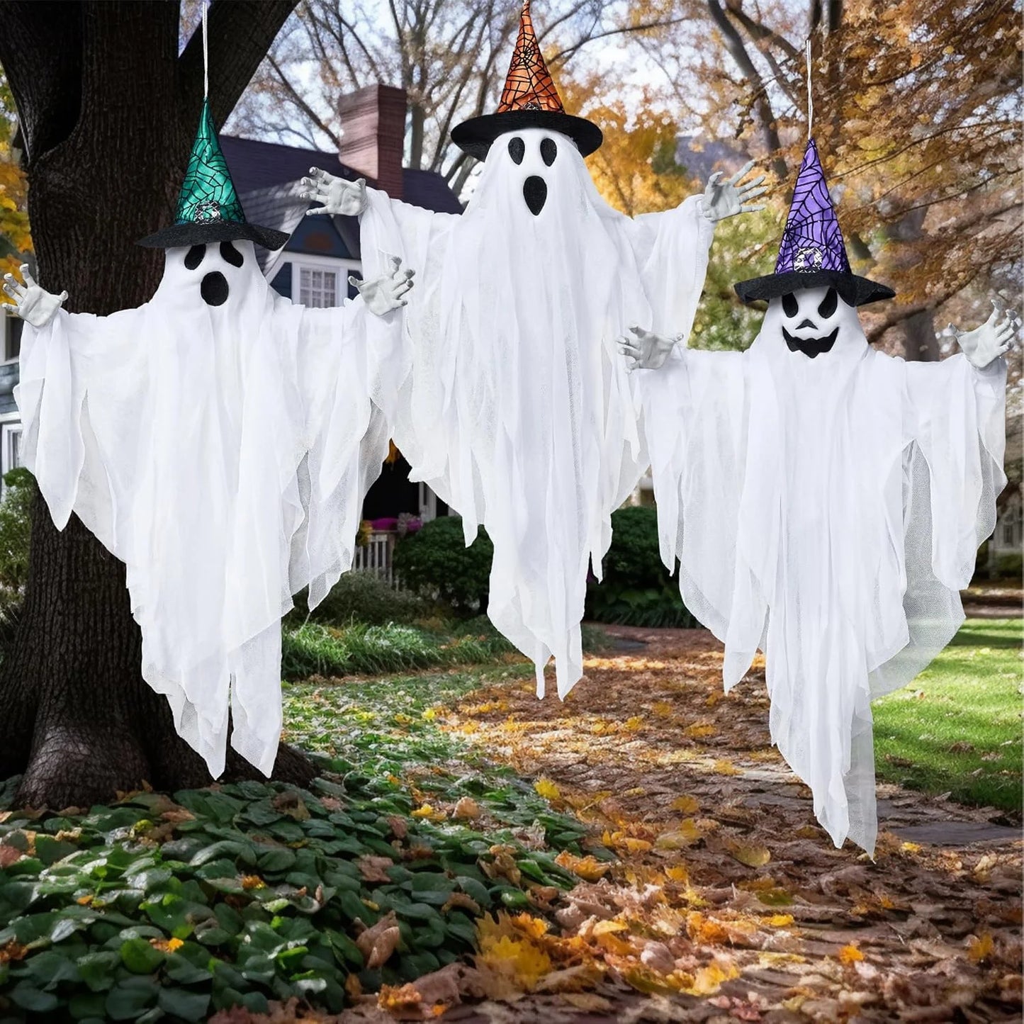 Set de 3 Fantasmas Colgantes de Halloween – Decoración Flotante para Exteriores 63 cm