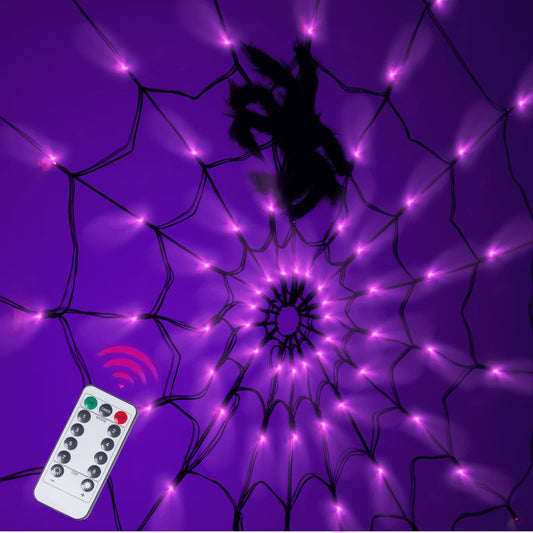 Luces de Telaraña con Araña Negra – 70 LEDs de Halloween con Control Remoto y 8 Modos