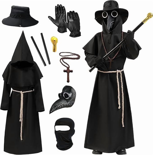 Disfraz Infantil de Doctor de la Peste – Traje Completo con Máscara y Capa Negra, Ideal para Halloween y Cosplay