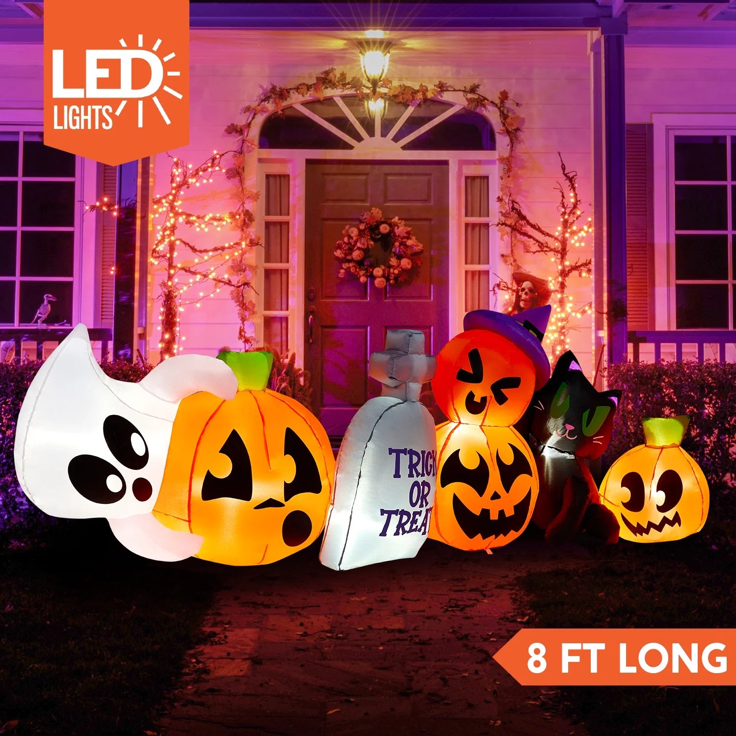 Inflable Halloween de 8 ft – Fantasma, Calabaza y Gato Luminoso con Tumba Decorativa para Exterior
