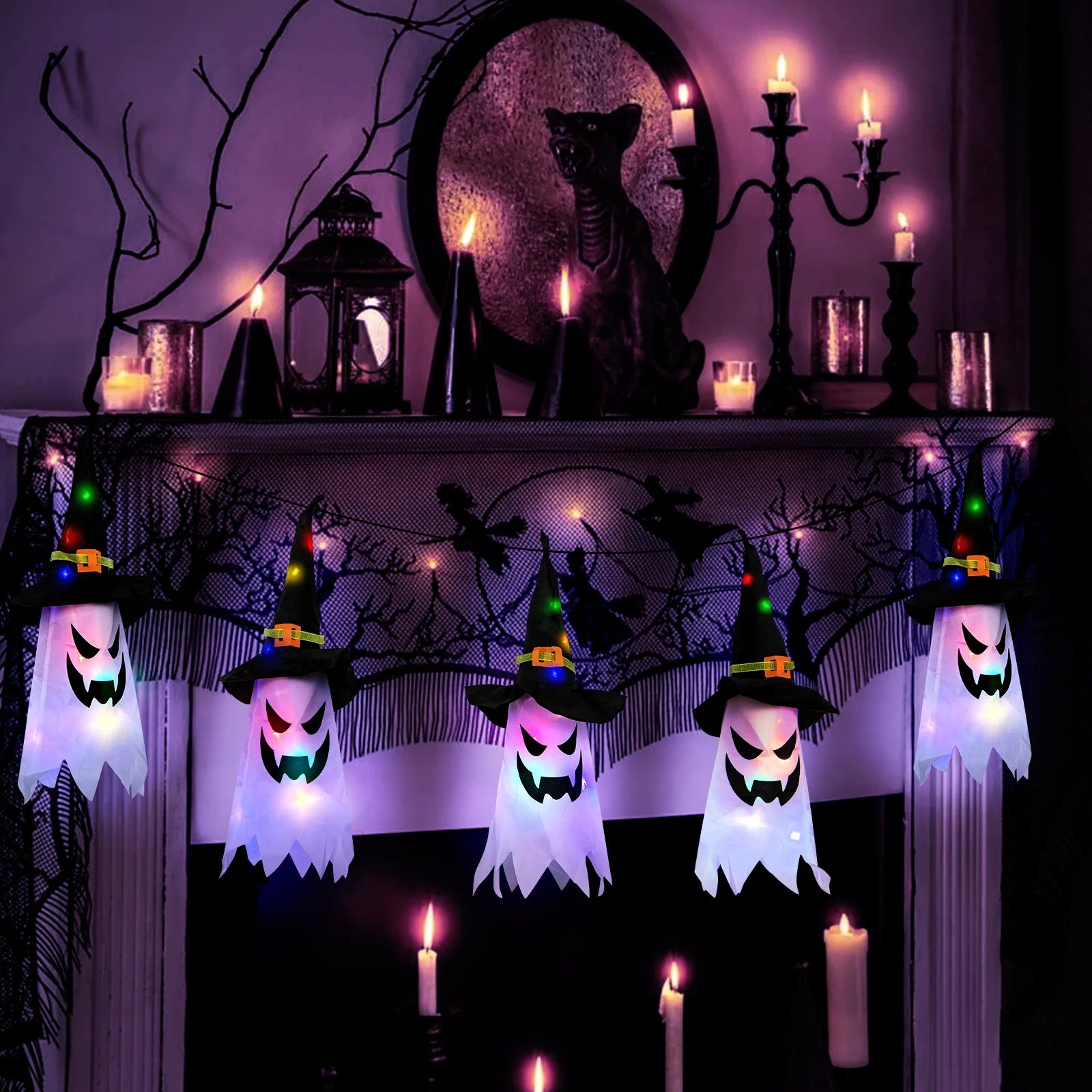 Set de 5 Fantasmas Luminosos de Halloween – Decoración Interior/Exterior con Sombreros de Bruja LED
