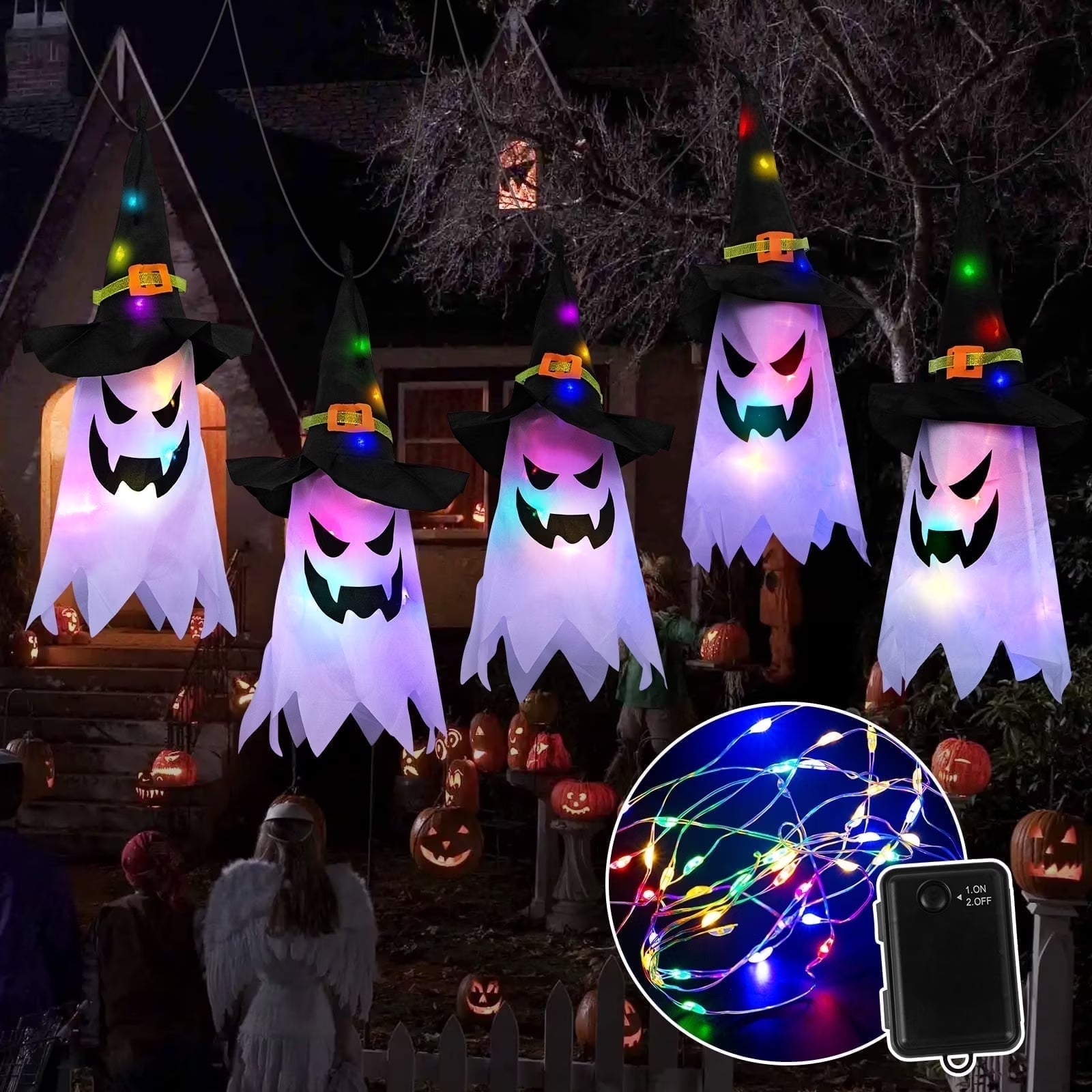 Set de 5 Fantasmas Luminosos de Halloween – Decoración Interior/Exterior con Sombreros de Bruja LED