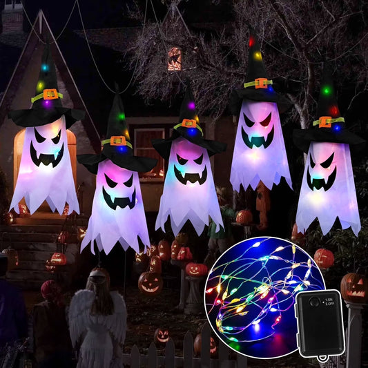 Set de 5 Fantasmas Luminosos de Halloween – Decoración Interior/Exterior con Sombreros de Bruja LED