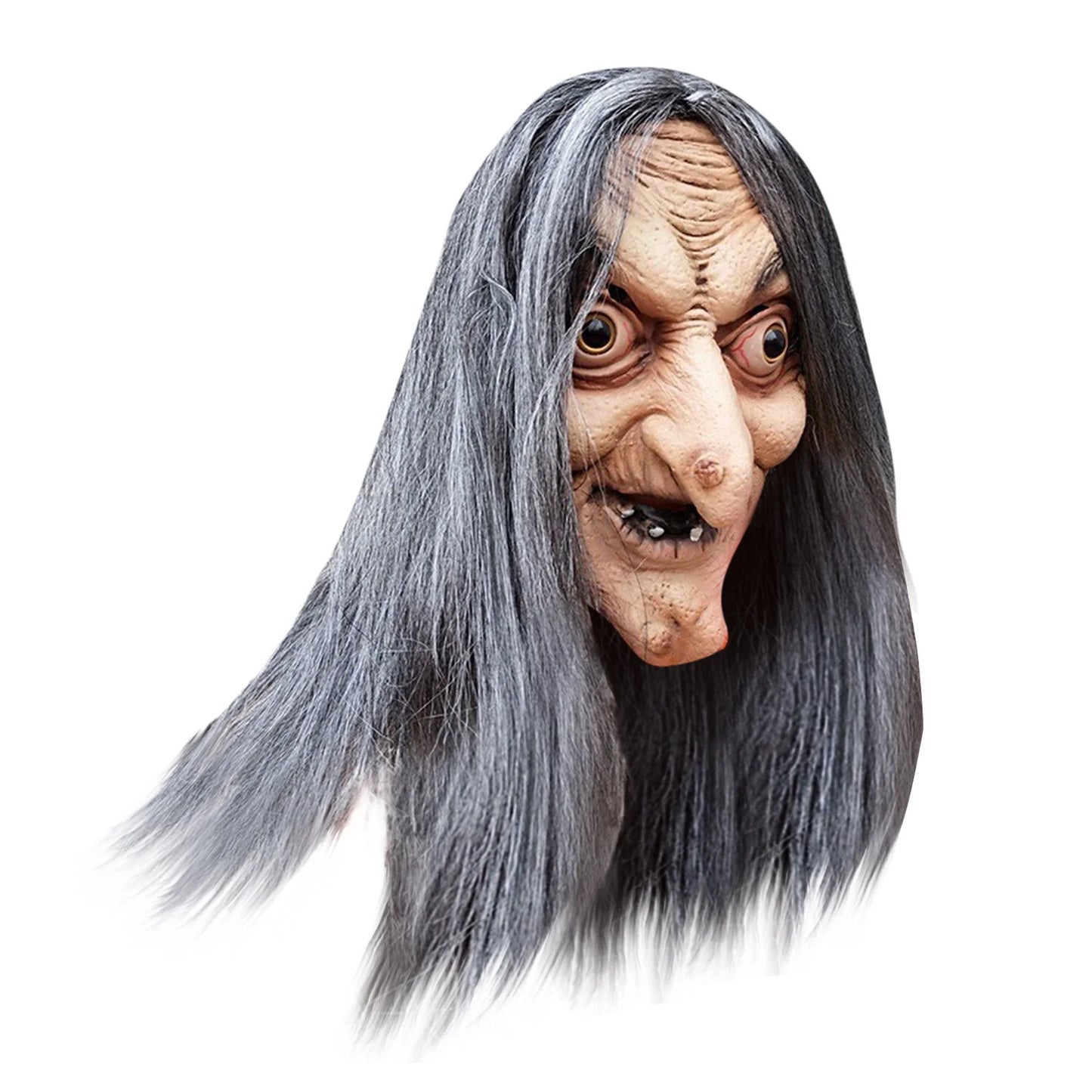 Máscara Realista de Bruja con Cabello Largo – Látex Completo para Adultos, Ideal para Halloween o Casas Embrujadas
