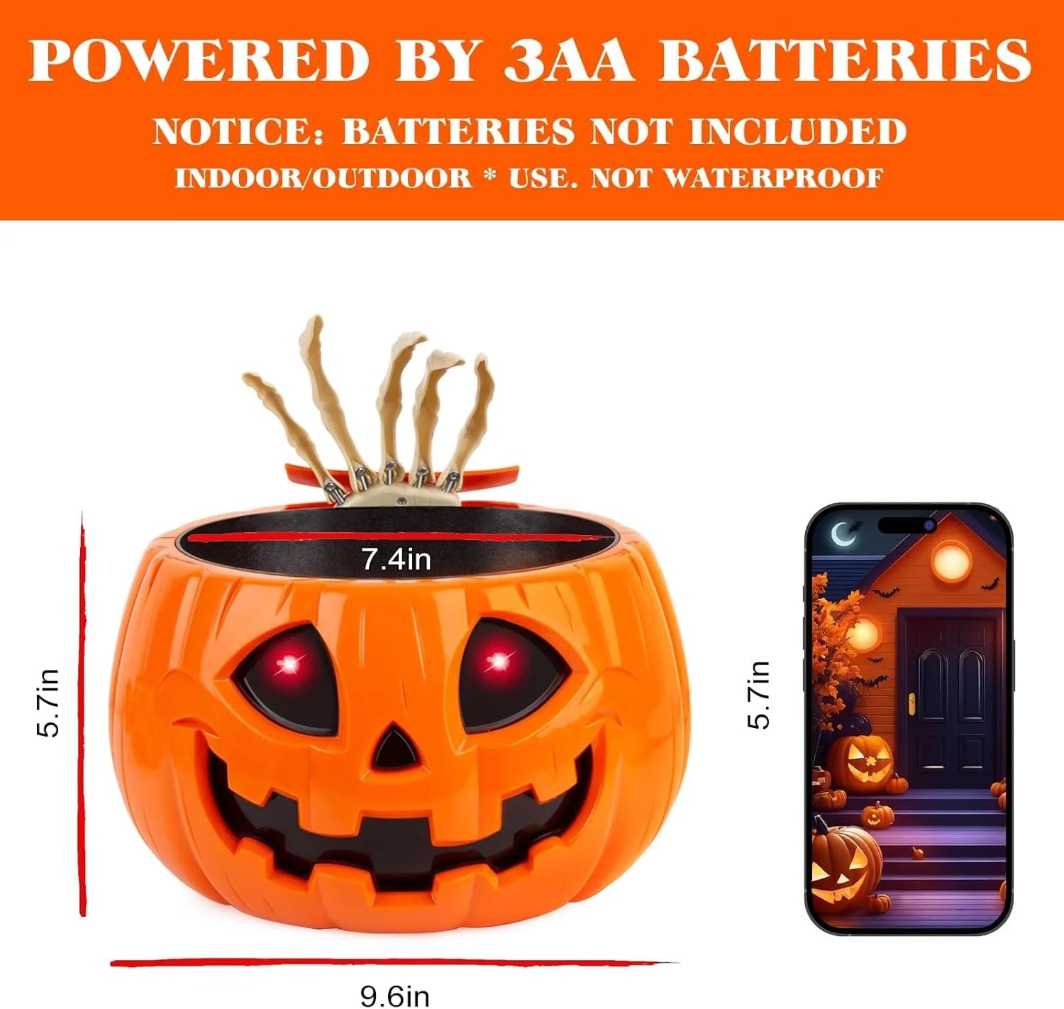 Tazón Animatrónico de Dulces de Halloween – Calabaza con Mano de Esqueleto y Sonido Terrorífico