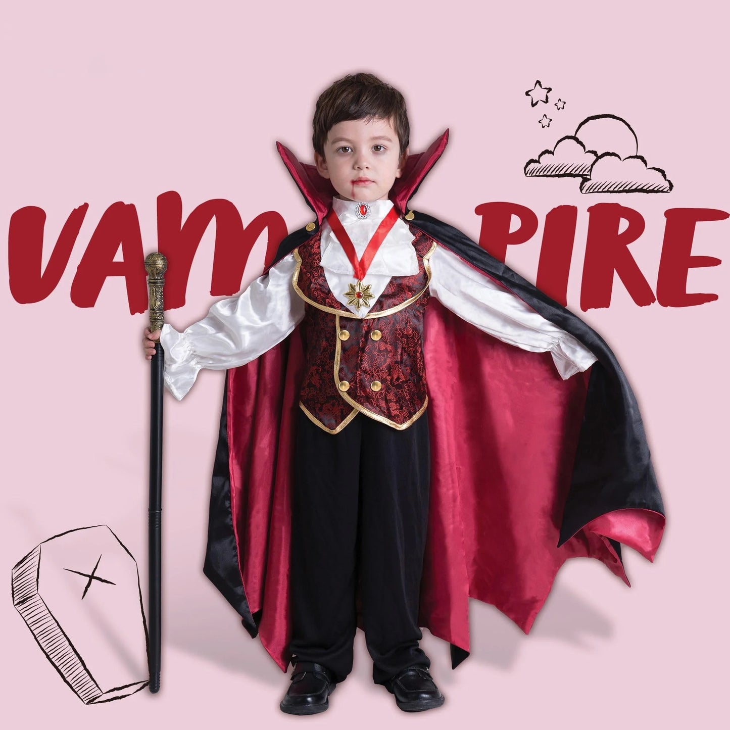 Disfraz Infantil de Vampiro Gótico – Traje Completo de Halloween para Niños (3–4 años)