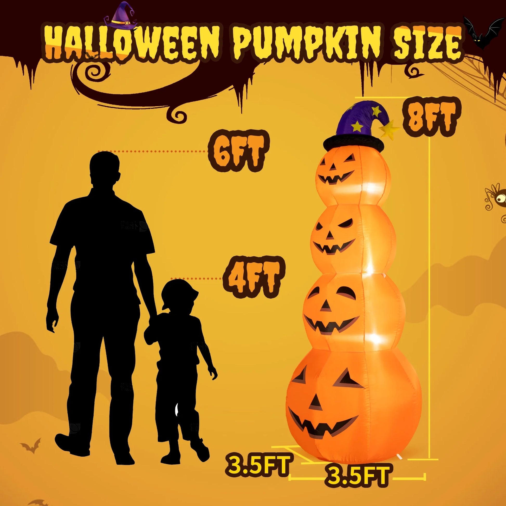Inflable Halloween 2.4 m – Torre de Calabazas con Sombrero de Bruja y Luces LED