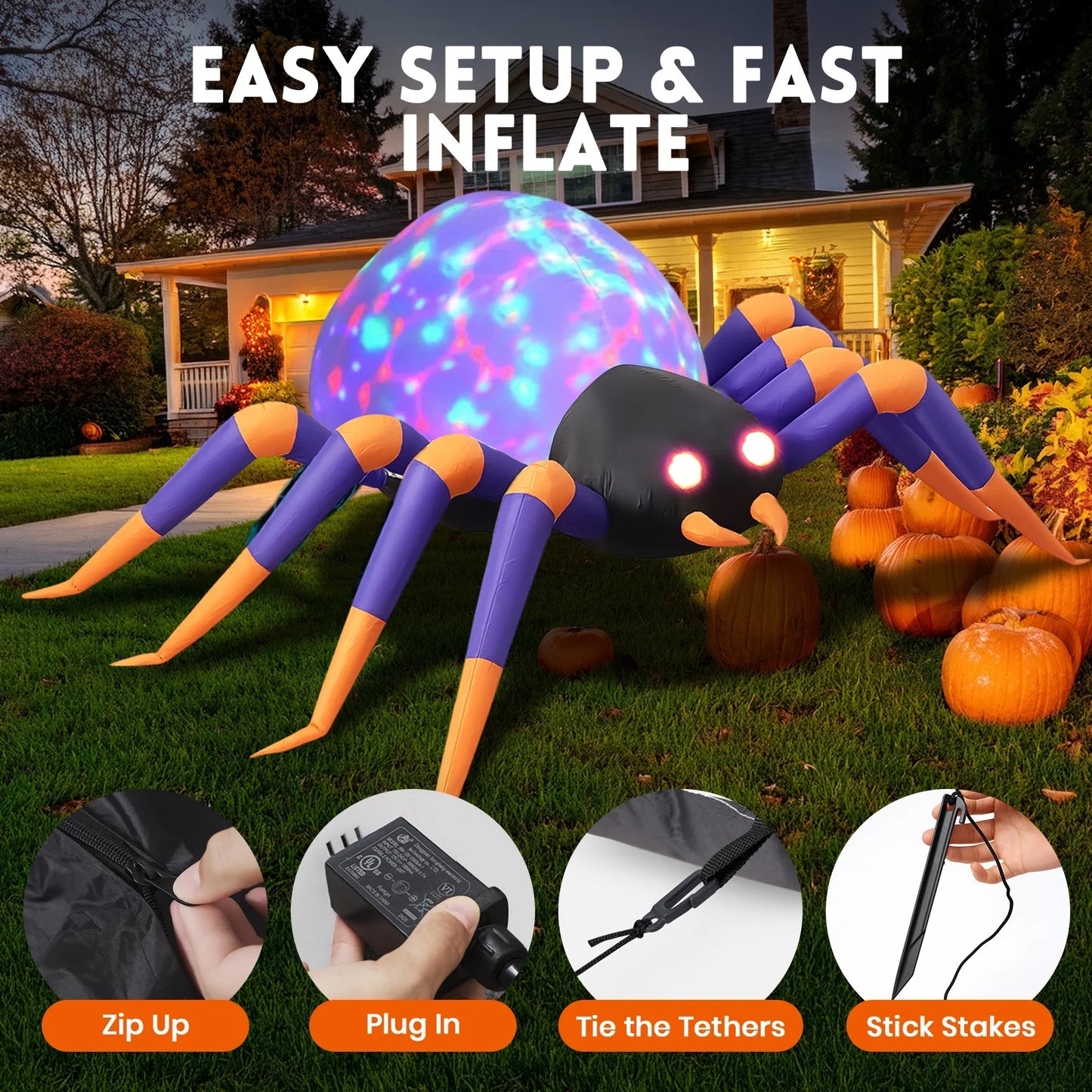 Araña Inflable Gigante 2,4 m con Luces LED – Decoración de Halloween para Jardín o Fiesta