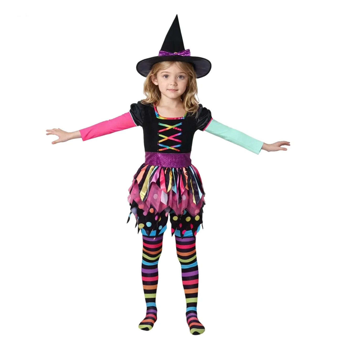 Disfraz de Brujita Arcoíris para Niñas – Traje Colorido de Halloween con Sombrero | Casa del Miedo Kids