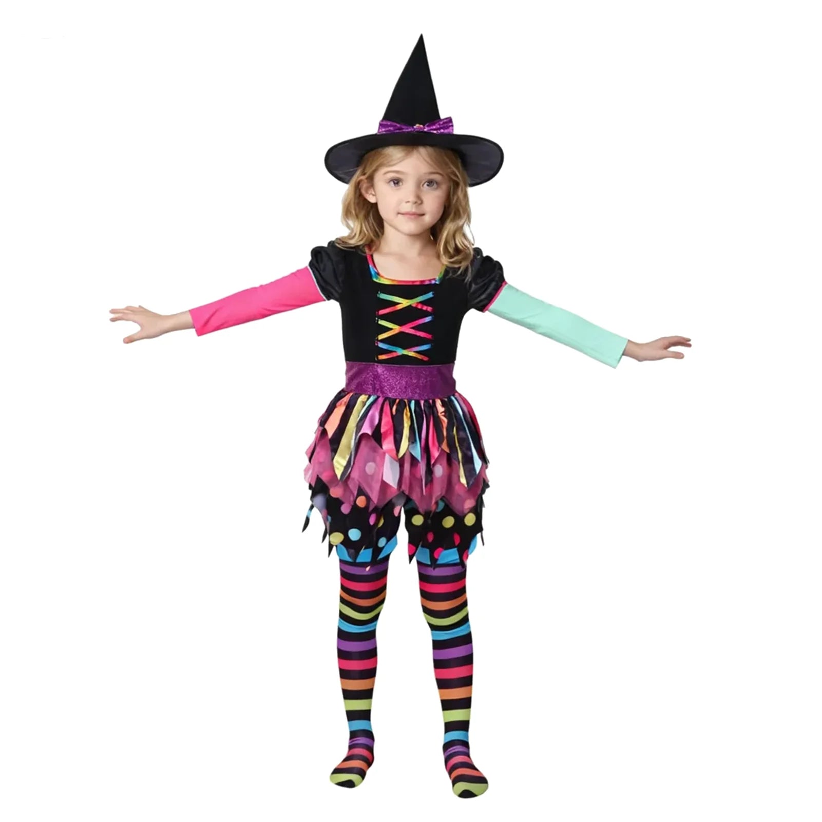 Disfraz de Brujita Arcoíris para Niñas – Traje Colorido de Halloween con Sombrero | Casa del Miedo Kids