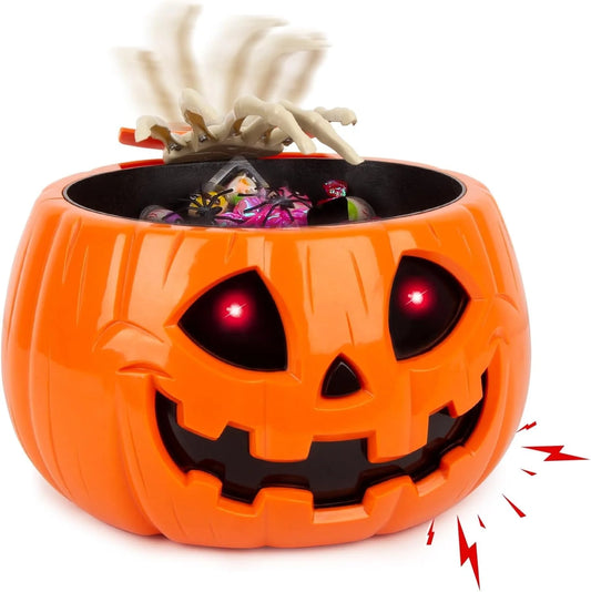 Tazón Animatrónico de Dulces de Halloween – Calabaza con Mano de Esqueleto y Sonido Terrorífico