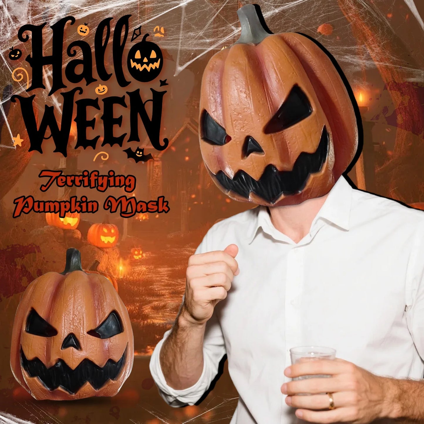 Máscara de Calabaza Terrorífica – Látex Premium Completo para Adultos, Estilo Halloween “Jack O’ Lantern”