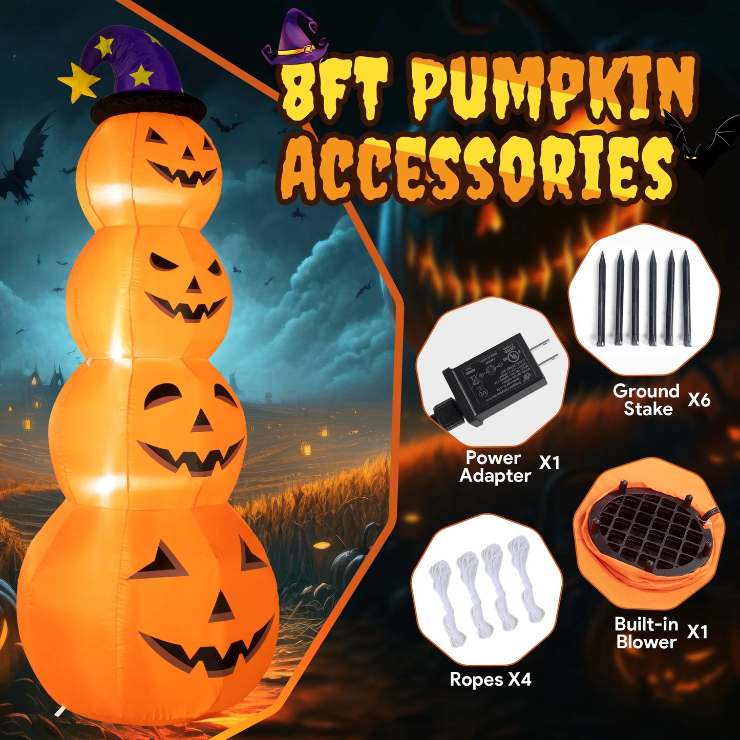 Inflable Halloween 2.4 m – Torre de Calabazas con Sombrero de Bruja y Luces LED