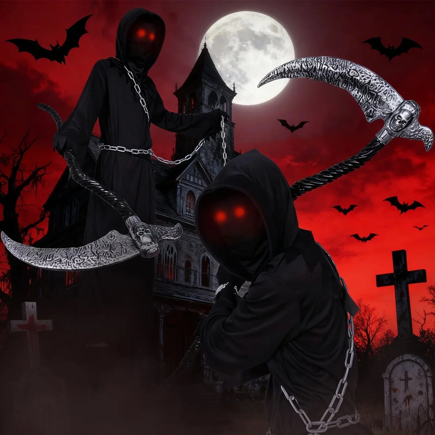 Disfraz del Segador Grim Reaper Infantil – Túnica Negra con Ojos Rojos y Guadaña