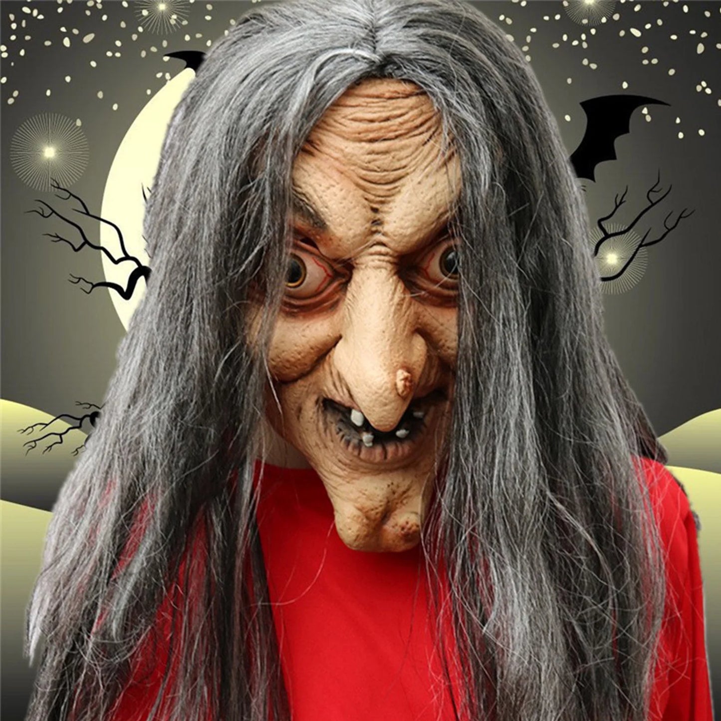 Máscara Realista de Bruja con Cabello Largo – Látex Completo para Adultos, Ideal para Halloween o Casas Embrujadas