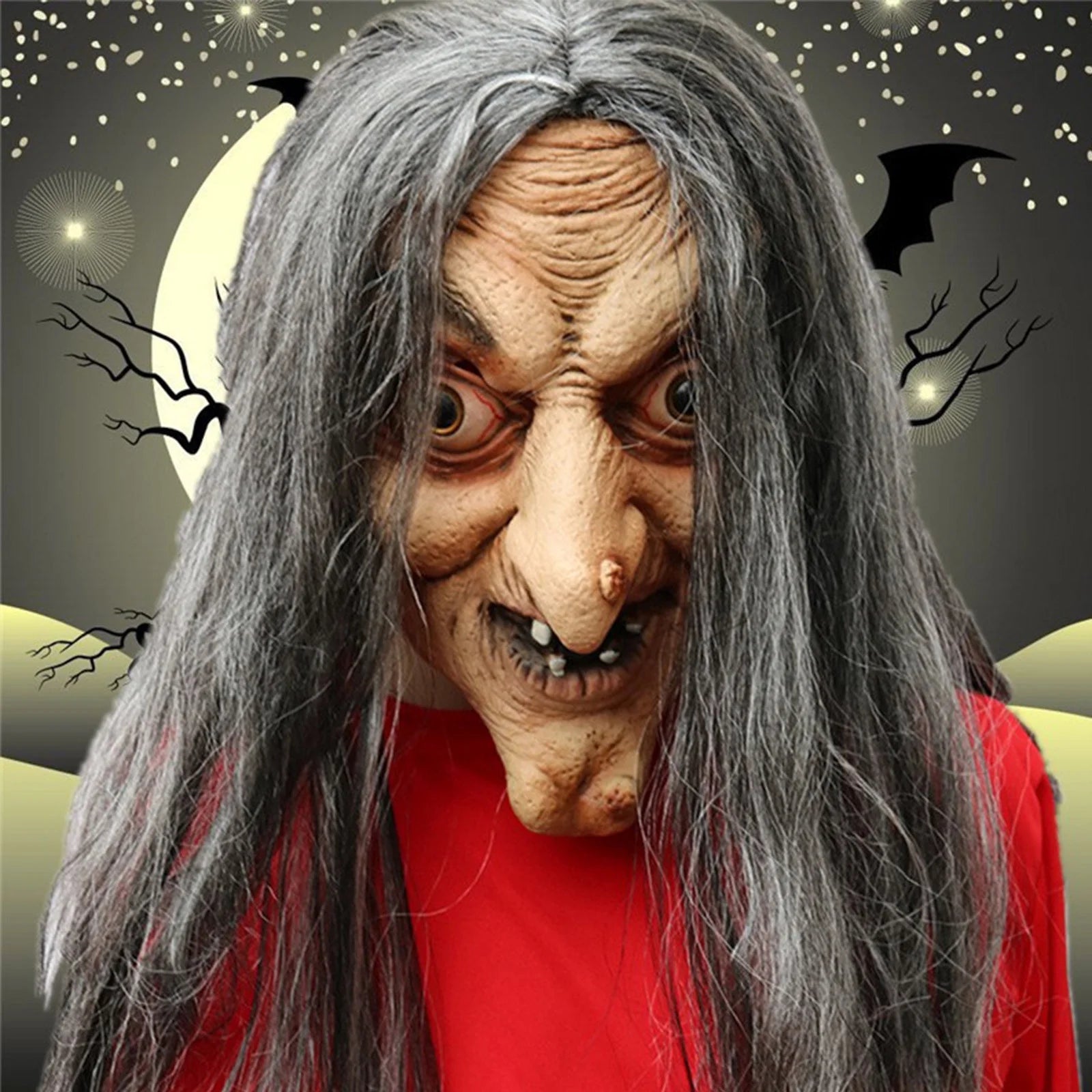 Máscara Realista de Bruja con Cabello Largo – Látex Completo para Adultos, Ideal para Halloween o Casas Embrujadas