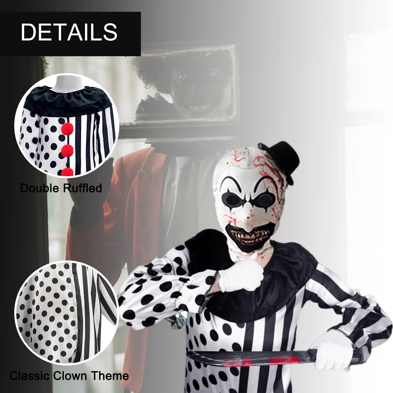 Disfraz de Payaso Blanco y Negro para Niños – Traje Completo Unisex de Halloween