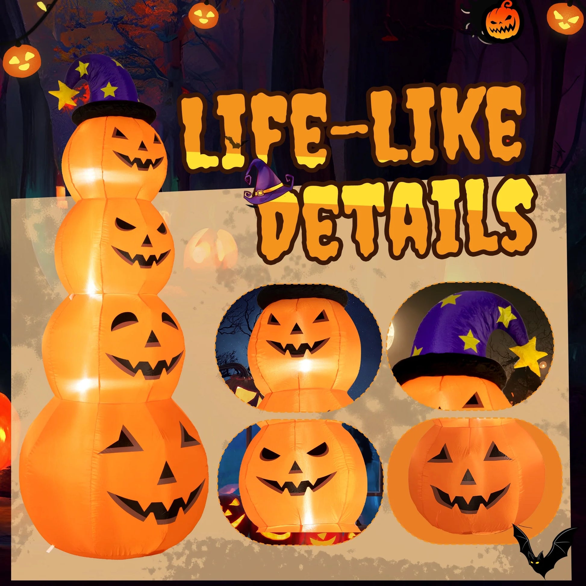 Inflable Halloween 2.4 m – Torre de Calabazas con Sombrero de Bruja y Luces LED