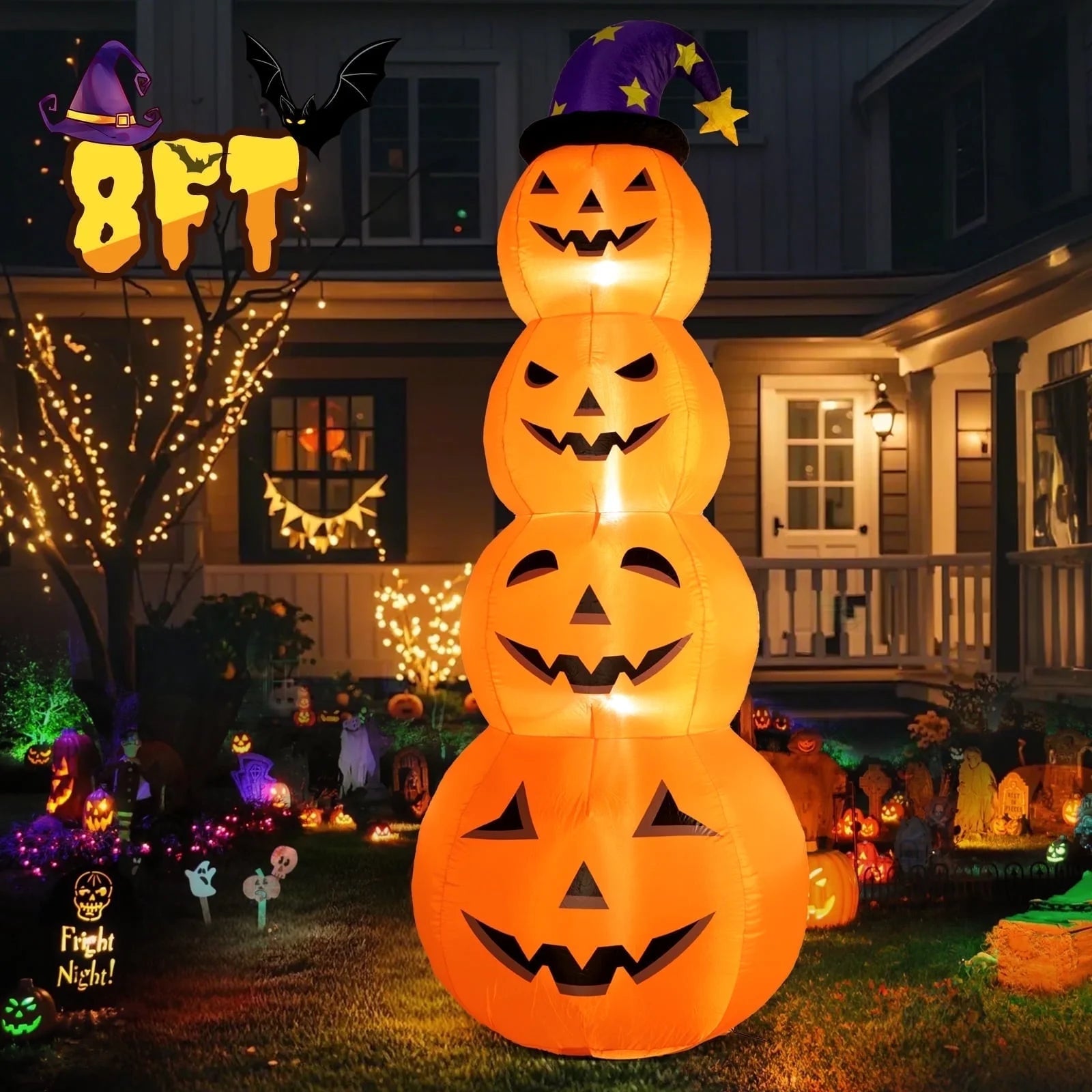 Inflable Halloween 2.4 m – Torre de Calabazas con Sombrero de Bruja y Luces LED