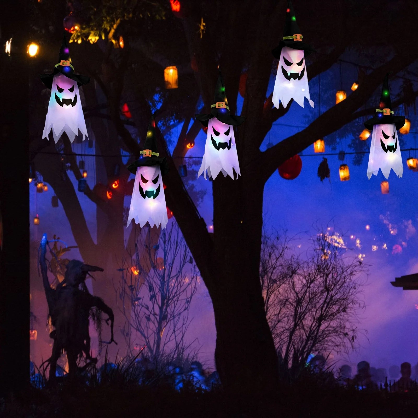 Set de 5 Fantasmas Luminosos de Halloween – Decoración Interior/Exterior con Sombreros de Bruja LED