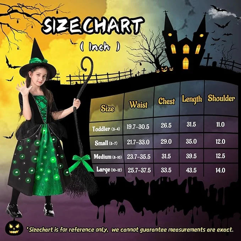 Disfraz de Brujita con Luces LED, Sombrero y Escoba – Halloween para Niñas