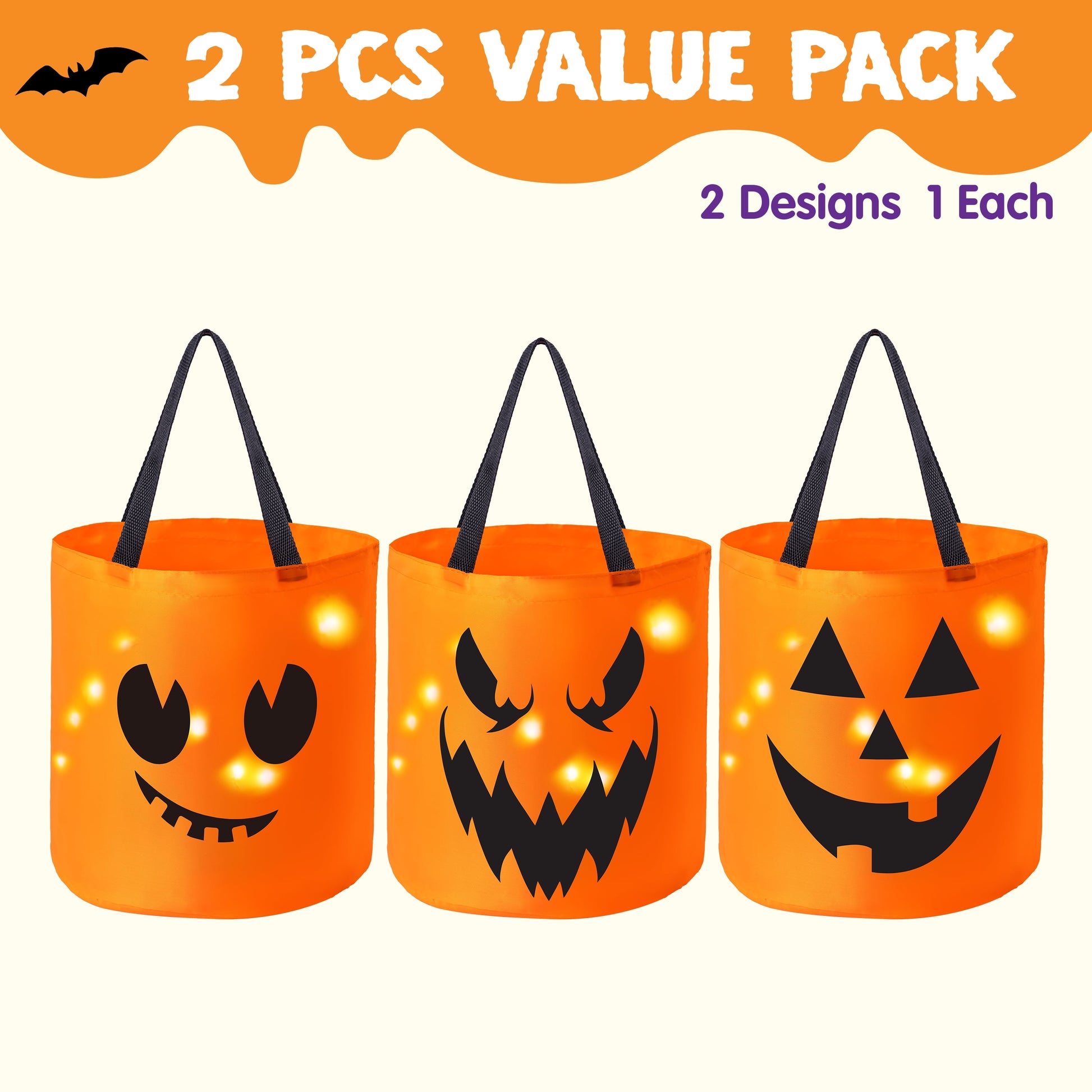 Set de 3 Cubos de Dulces de Halloween con Luz LED – Calabazas Naranjas
