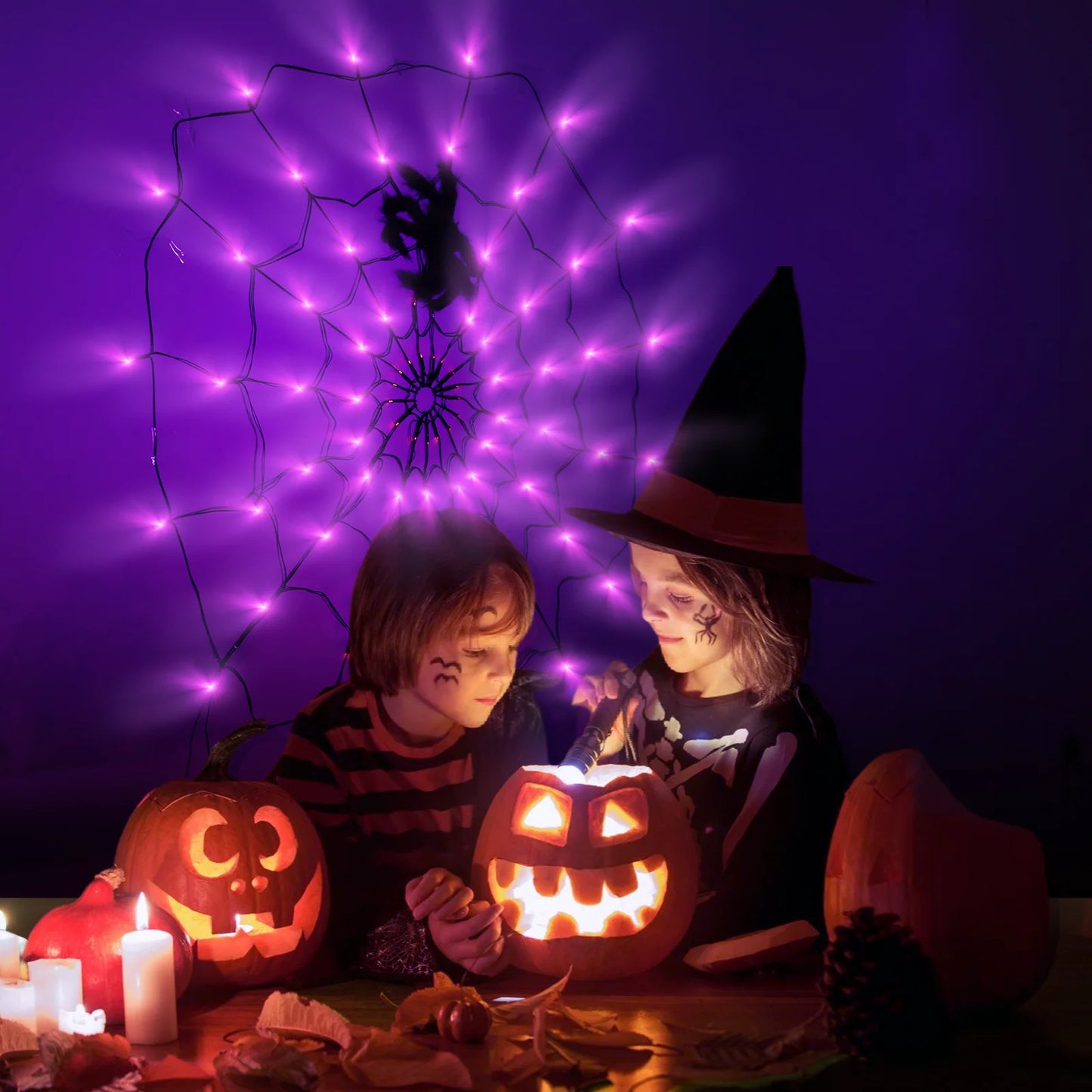 Luces de Telaraña con Araña Negra – 70 LEDs de Halloween con Control Remoto y 8 Modos