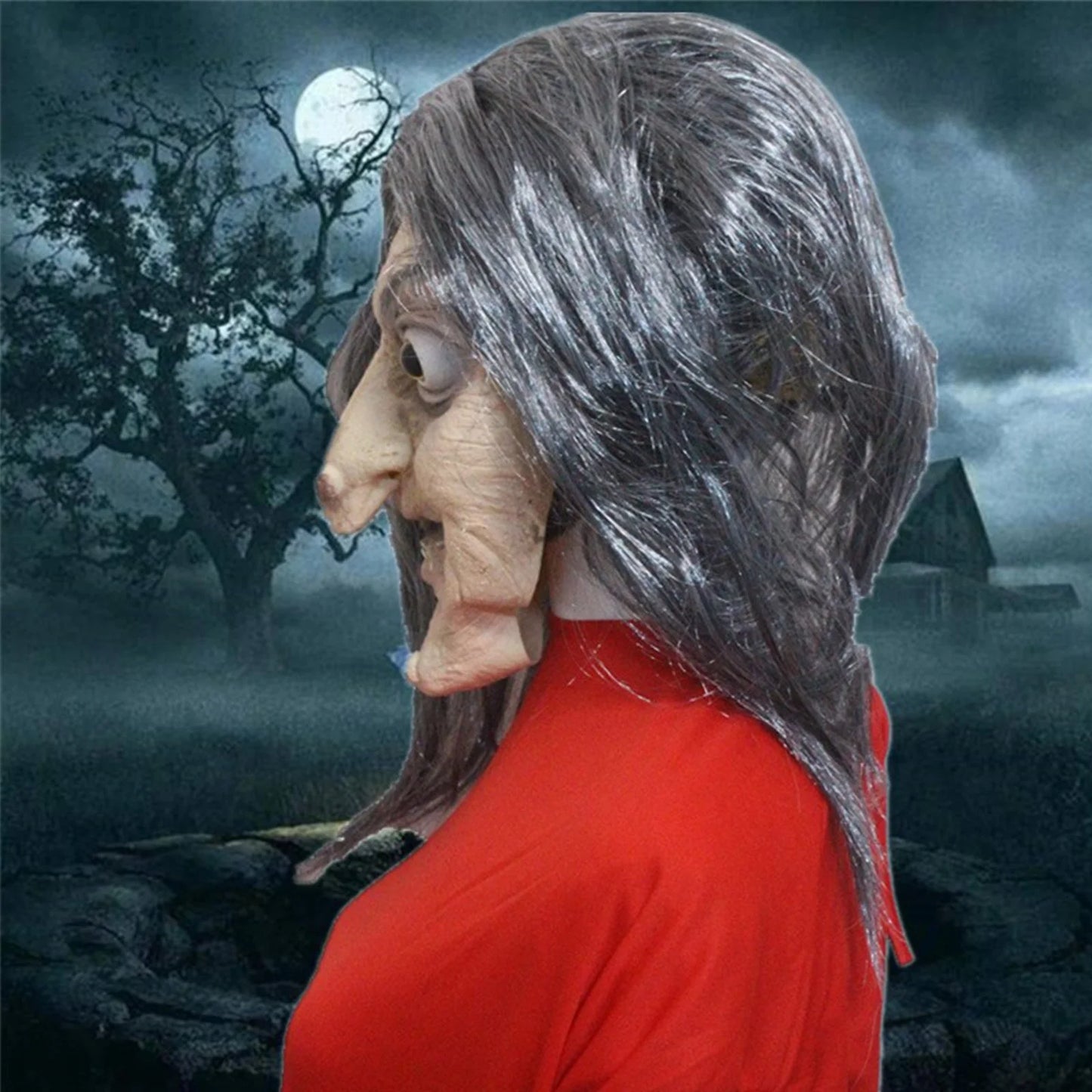 Máscara Realista de Bruja con Cabello Largo – Látex Completo para Adultos, Ideal para Halloween o Casas Embrujadas