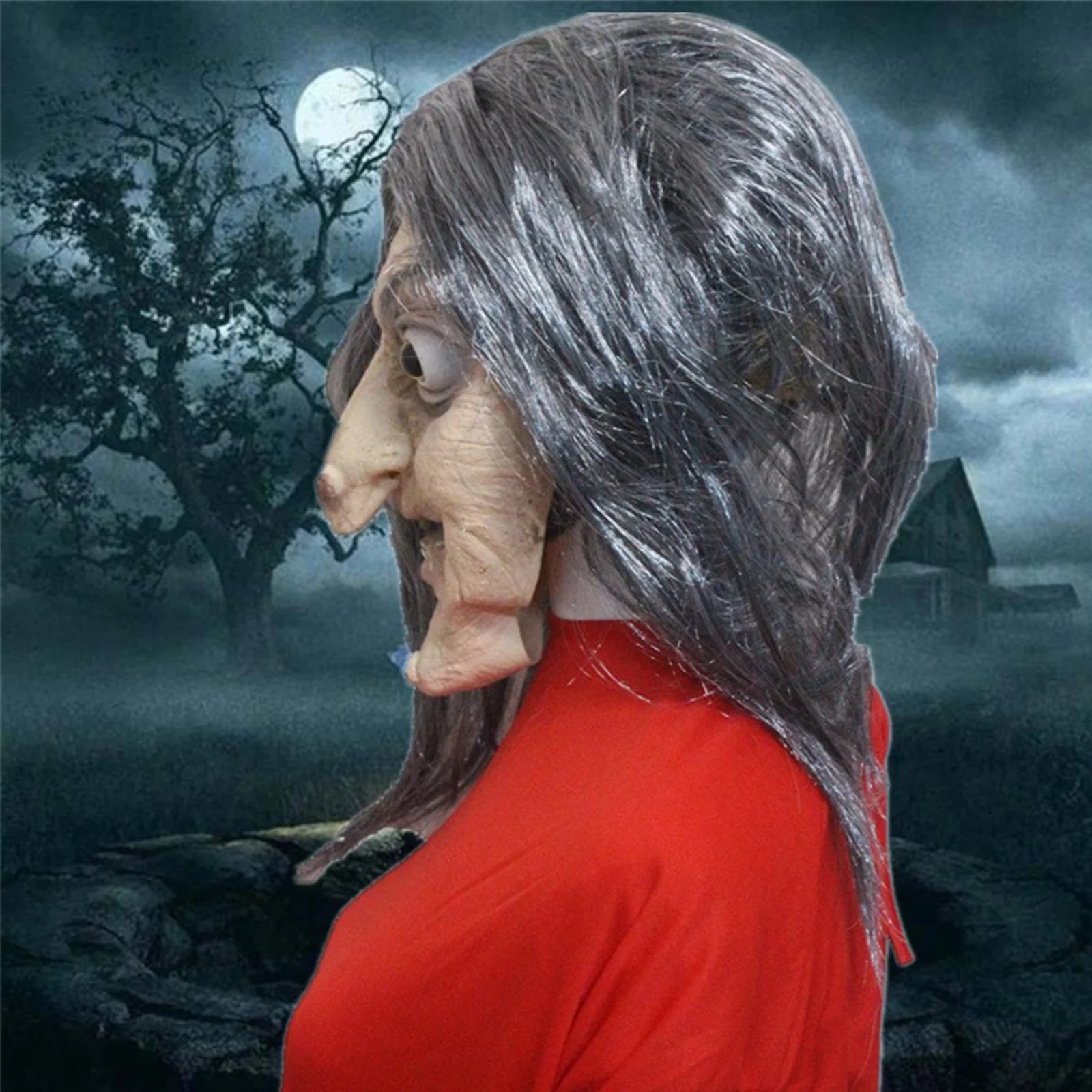 Máscara Realista de Bruja con Cabello Largo – Látex Completo para Adultos, Ideal para Halloween o Casas Embrujadas